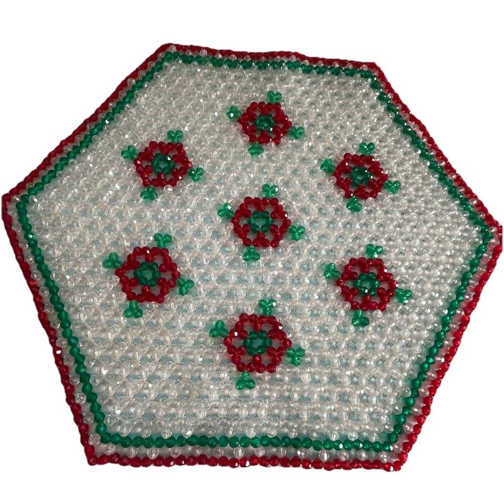 Vtg Acrylic Beaded Holiday Hexagon Doily Table Centerpiece Red Green ClearBeads